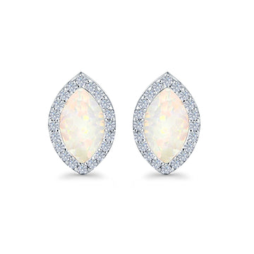 Halo Marquise Stud Earrings Lab Created White Opal 925 Sterling Silver (14mm)